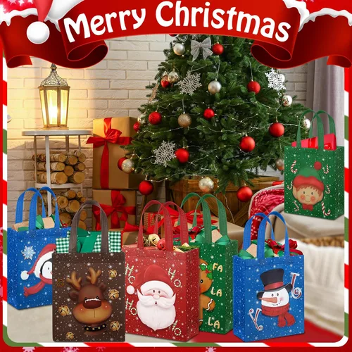 Vista 4 de Clysee 6 bolsas de regalo de Navidad con asas, tela no tejida, bolsas reutilizables para fiestas de Navidad, 6 estilos de 10.2 x 8.3 pulgadas
