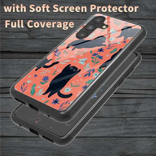 Vista 2 de Funda para Samsung Galaxy A13 5G con protector de pantalla, cubierta trasera de vidrio templado, diseño de flores de gato negro, marco de Flores