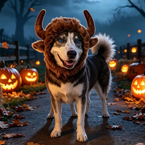 Vista 3 de Peluca de cuerno de perro de Halloween, disfraz suave de perro de toro, gorro cálido de invierno, peluca de perro, ropa para mascotas, divertido