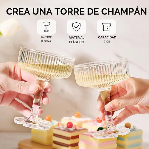 Vista 2 de Paquete de 20 Copas de Champán de Plástico, Copas de Champán de 7oz de Torre de Champán de Plástico Indestructible, Copas de Cóctel de Acrílico