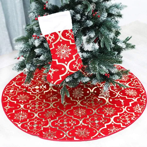 Vista 9 de Falda de árbol de Navidad, tapete grande de franela roja de 48 pulgadas con patrones dorados de Navidad para árbol de Navidad, decoración de fiesta
