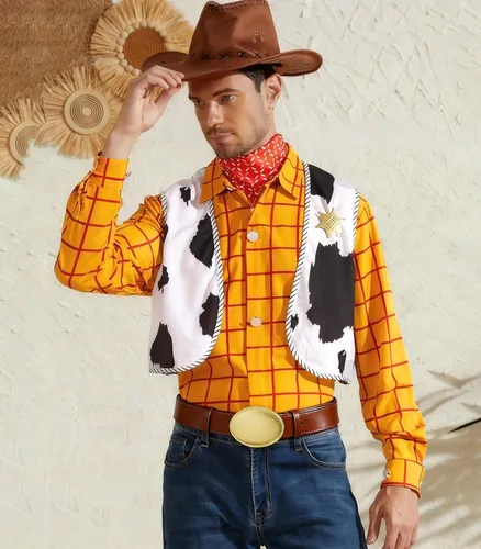 Vista 3 de Disfraz de sheriff de vaquero occidental para hombre, con botones, kit de camisa a rayas (amarillo, S)
