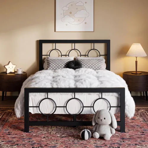 Vista 12 de SHA CERLIN Marco de cama de metal tamaño King con cabecera y pie de cama de diseño circular vintage, no requiere somier, fácil montaje, sin ruido