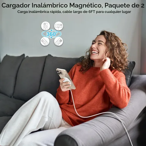 Vista 7 de Cargador inalámbrico magnético para iPhone, 2 paquetes de 6 pies [Certificado Apple MFi] Cable de cargador Mag-Safe magnético inalámbrico con bloque
