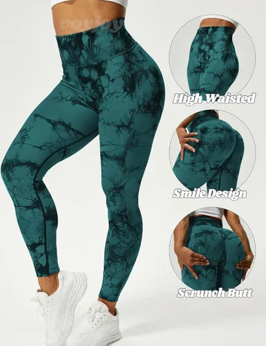 Vista 2 de VOYJOY Leggings sin costuras de teñido anudado para mujer, pantalones de yoga de cintura alta, mallas elásticas con levantamiento de glúteos