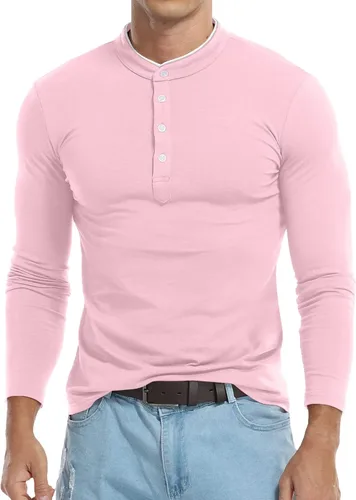 Vista 2 de KUYIGO Camisas polo casuales de manga larga para hombre, cuello mandarín, ajuste delgado, tops de algodón a la moda