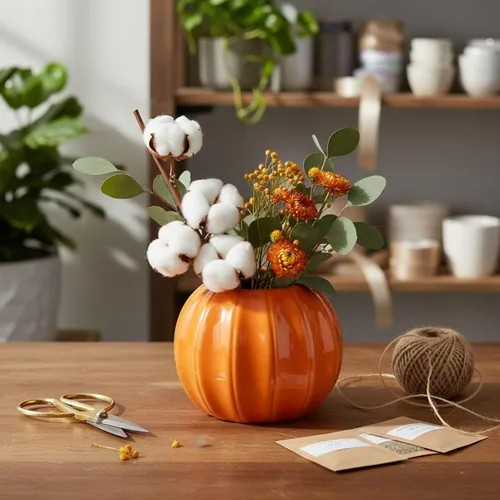 Vista 7 de LOGOFUN Jarrón de calabaza de cerámica naranja, 5.50 x 5.50 x 4.52 pulgadas, adecuado para flores secas o frescas, decoración de Halloween
