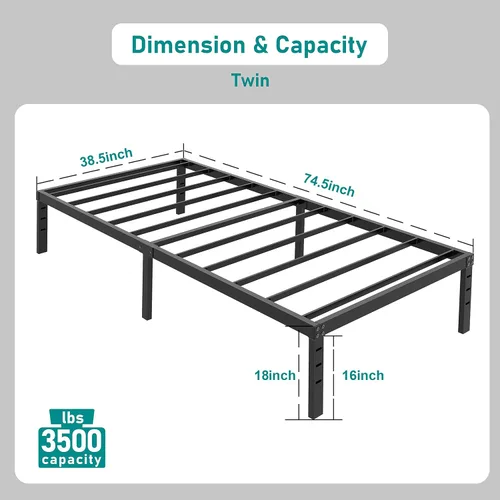 Vista 2 de Base de cama individual de 18 pulgadas de alto con máximo almacenamiento, plataforma de metal resistente de 2500 libras, no necesita somier, base