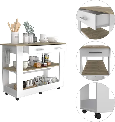 Vista 3 de FM FURNITURE Brooklyn 80 Isla de cocina con acento de roble claro, con estantes y cajones
