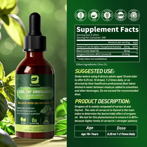 Vista 6 de B BEWORTHS Gotas de Aceite de Orégano Orgánico Aceite de Orégano con Aceite de Semilla Negra, Vitamina E, Gotas de Orégano 80% Carvacrol
