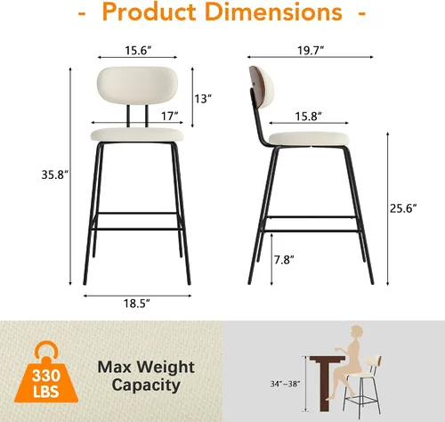 Vista 2 de LSSPAID Juego de 2 taburetes de bar de 25.6 pulgadas de altura de mostrador con patas de metal curvadas de madera curvada de nogal, taburetes de bar