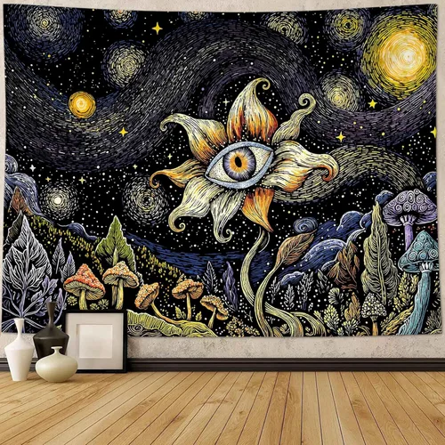 Vista 3 de Yeoiat Tapiz de flores cósmicas, tapiz de hongo, paisaje en pared, noche estrellada, arte botánico visionario, decoración para recámara