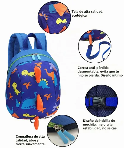 Vista 5 de DB Mini mochila de dinosaurio para niños pequeños con correa, arnés para niños y bebés (azul oscuro)