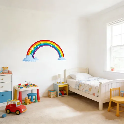 Vista 4 de Calcomanías de pared de arco iris con nubes, calcomanías de pared extraíbles para niños, guardería, dormitorio, sala de estar, decoración de pared