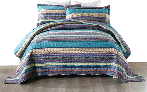 Vista 8 de MarCielo Juego de ropa de cama bohemia, colcha acolchada de 3 piezas, azul, King, poliéster