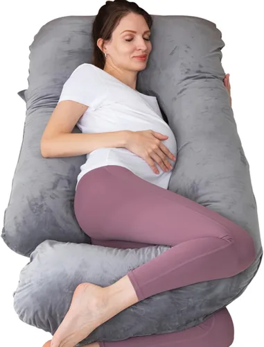Vista 11 de MOON PINE Almohada de embarazo, almohada de cuerpo completo en forma de U para apoyo de maternidad, almohada de dormir con funda para mujeres Gris