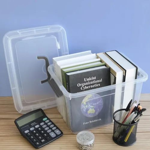 Vista 5 de Farmoon Contenedor de almacenamiento transparente de 12 cuartos de galón, caja apilable de plástico con tapa y mango gris
