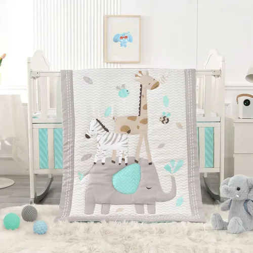 Vista 13 de Juego de ropa de cama para cuna de dinosaurio para niños, color azul, juego de ropa de cama de 3 piezas de alta calidad, juego de cuna de guardería