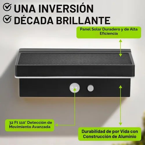 Vista 7 de Luces Solares con Sensor de Movimiento para Exteriores, 2 Unidades - 600 Lúmenes, 3 Modos, IP44, Impermeables, Luz de Pared Solar de Aluminio