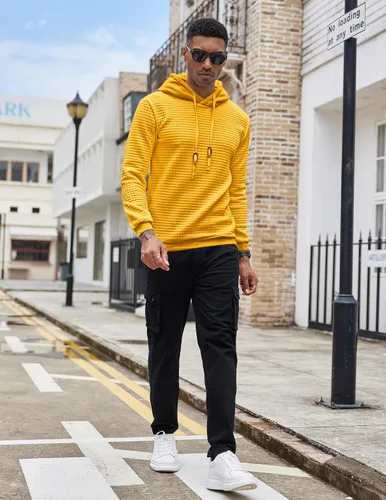 Vista 4 de COOFANDY - Sudadera con capucha para hombre, casual, de manga larga, con cordón ajustable y punto gofre