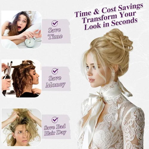 Vista 4 de BARSDAR Rubio dorado con reflejos, 2 piezas de cabello desordenado de moño + extensiones de moño de cabello humano real rubio