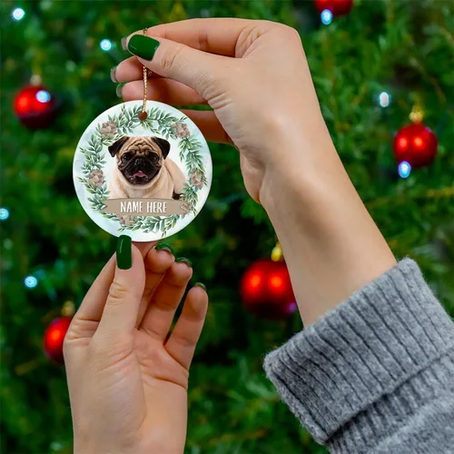 Vista 3 de Personalized Pug Lying Fawn Christmas Ornament - Custom Name Circle Ceramic Keepsake Gift for Dog Lovers