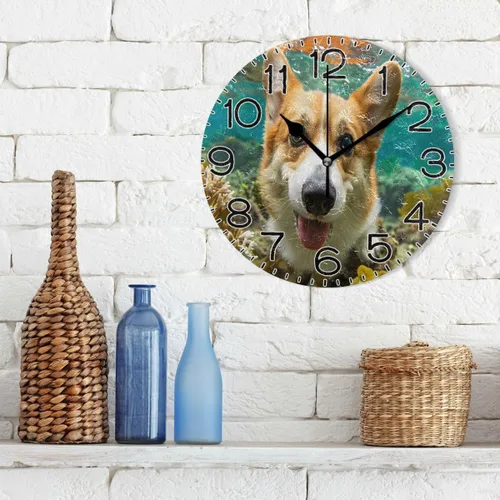 Vista 3 de Reloj de pared con aspecto corgi, funciona con pilas, silencioso, de cuarzo, analógico, rústico, estilo rural, redondo, decoración retro