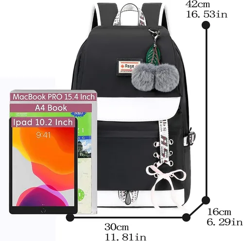 Vista 6 de Mochila Asge escolar, informal, para libros, de uso diario, para niña, negro 2), ASGE-BB-03