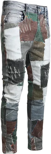 Vista 22 de Baylvn - Pantalones de mezclilla para hombre con diseño patchwork, ajustados y cómodos, estilo motociclista 3132 Camuflaje y azul