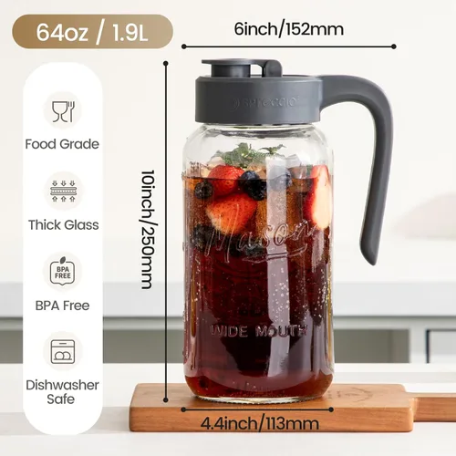 Vista 2 de Jarra Mason Jar de 64 onzas con tapa, boca ancha, jarra de agua de vidrio de 2 cuartos de galón con tapa, resistente, a prueba de fugas, té helado