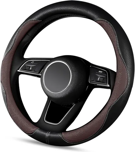 Vista 8 de SuperKaKa Funda marrón para volante de automóvil, universal, de poliuretano, bonita, transpirable, antideslizante, cómoda, protector de piel