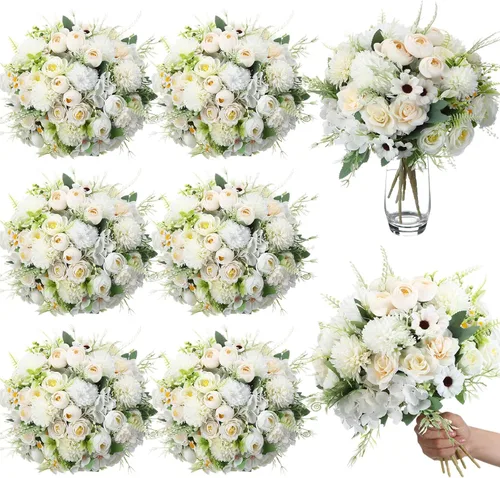 Vista 8 de Tigeen - Ramo de flores artificiales para boda, 6 paquetes, color azul