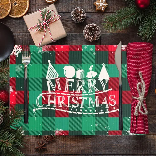 Vista 6 de Juego de 4 manteles individuales de Navidad, diseño de copos de nieve a cuadros, para mesa de comedor, impermeables, para decoración de mesa