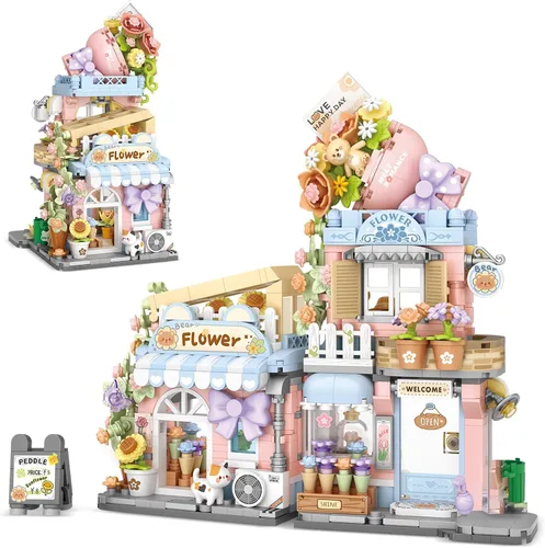 Vista 8 de Street View Cute Cat Shop Mini Bloques de Construcción, Juguetes de Construcción Creativos MOC Set de Construcción de Animales Lindos para Niñas