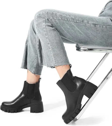 Vista 7 de DREAM PAIRS Botines Chelsea para mujer con tacón bajo y grueso, suela elástica, botines para mujer