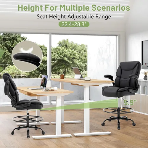 Vista 7 de Silla de Dibujo de 500 LBS, Silla de Escritorio de Pie Más Segura con Respaldo Alto, Silla de Oficina Alta Ejecutiva con Reposabrazos Abatibles