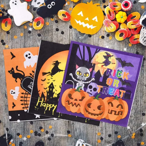 Vista 5 de ASTARON Paquete de 60 servilletas de Halloween de 13 x 13 pulgadas, servilletas de papel desechables para decoración de mesa de Halloween