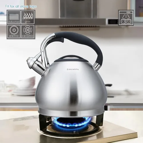 Vista 3 de Easyworkz Hervidor de té silbante de acero inoxidable de grado alimenticio con silbato fuerte, 2.4 cuartos de galón (2.3 l)