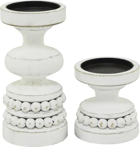 Vista 5 de Deco 79 - Portavelas decorativo de madera con cuentas, soporte de vela de pilar, juego de 2 portavelas, 8 pulgadas, 4 pulgadas de alto, blanco