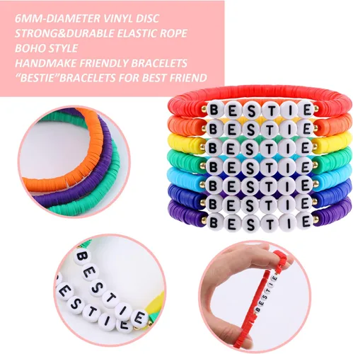 Vista 3 de Juego de pulseras Heishi Surfer de arcoíris para mujer, pulseras apilables de arcilla con cuentas de disco, pulseras elásticas de disco, pulseras