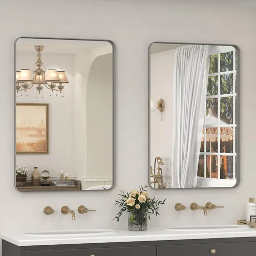 Vista 29 de Paquete de 2 espejos de baño con marco de metal negro de 22 x 30 pulgadas, espejo rectangular redondeado negro mate, antioxidante, se cuelga