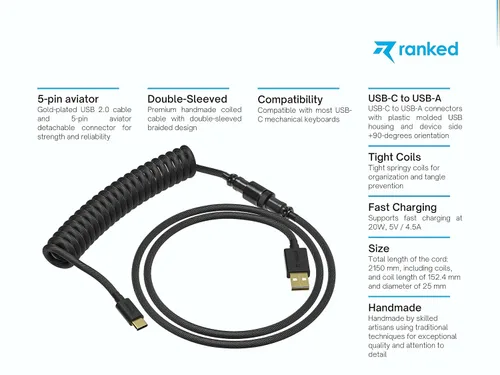 Vista 2 de Ranked Cable de teclado en espiral Cable trenzado de doble manga hecho a mano USB tipo C a A Conector aviador de 5 pines para teclado mecánico