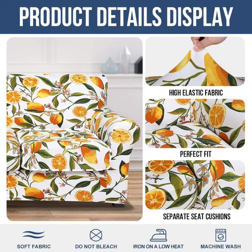 Vista 3 de Fundas de sofá elásticas impresas para sofá de 3 cojines (182 a 89.8 in, limón) paquete de fundas de sofá para 2 cojines de sofá (147 a 71.7 in)