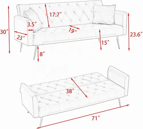 Vista 2 de Anwick - Sofá cama de terciopelo moderno de 72 pulgadas, sofás plegables convertibles con 3 respaldos ajustables, sofá biplaza reclinable copetudo