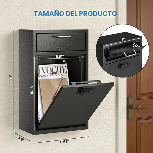 Vista 2 de Caja fuerte de buzón de pared con cerradura para negocios - Caja de seguridad resistente de 1.2mm con código - Caja de seguridad vertical a prueba