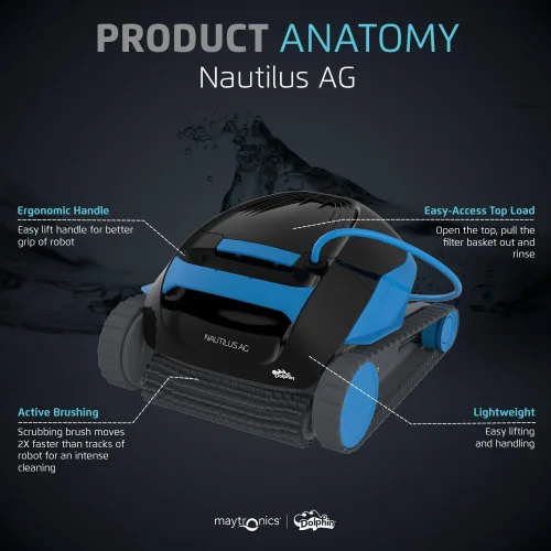 Vista 9 de Dolphin Nautilus AG - Aspiradora robótica automática para piscinas, cepillo de limpieza activo, acceso a filtros de carga superior, ideal