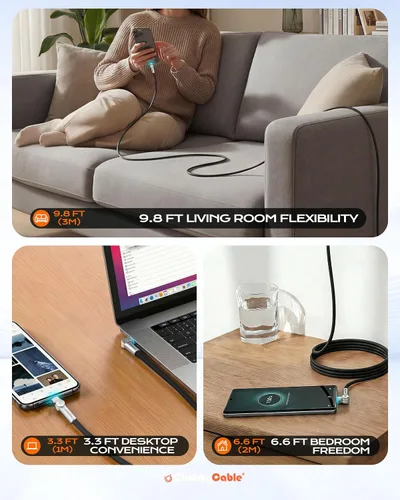 Vista 7 de chubbycable Chubby RotateX - Cable de carga rápida giratorio de 240 W, doble 180°, con luz LED, cable USB C de silicona suave, cable de carga extra