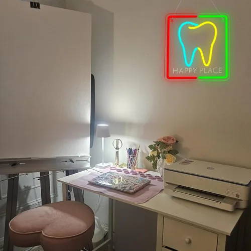 Vista 2 de Letrero de neón Happy Place Tooth, luz de pared LED colorida para odontología infantil y decoración del hogar, luz de neón en forma de diente