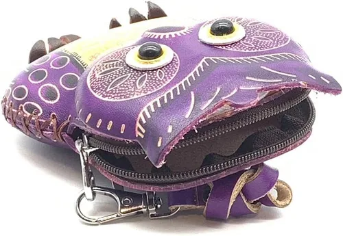 Vista 15 de Handmade Vintage Genuine Leather 3D Animal Owl Coin Purse with Removable Wrist Strap (Brown)