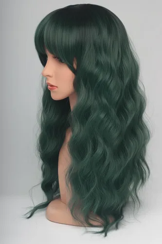 Vista 4 de Peluca ondulada verde bosque de 24 pulgadas con flequillo, pelo sintético resistente al calor para mujer, gorra ajustable con clips a presión